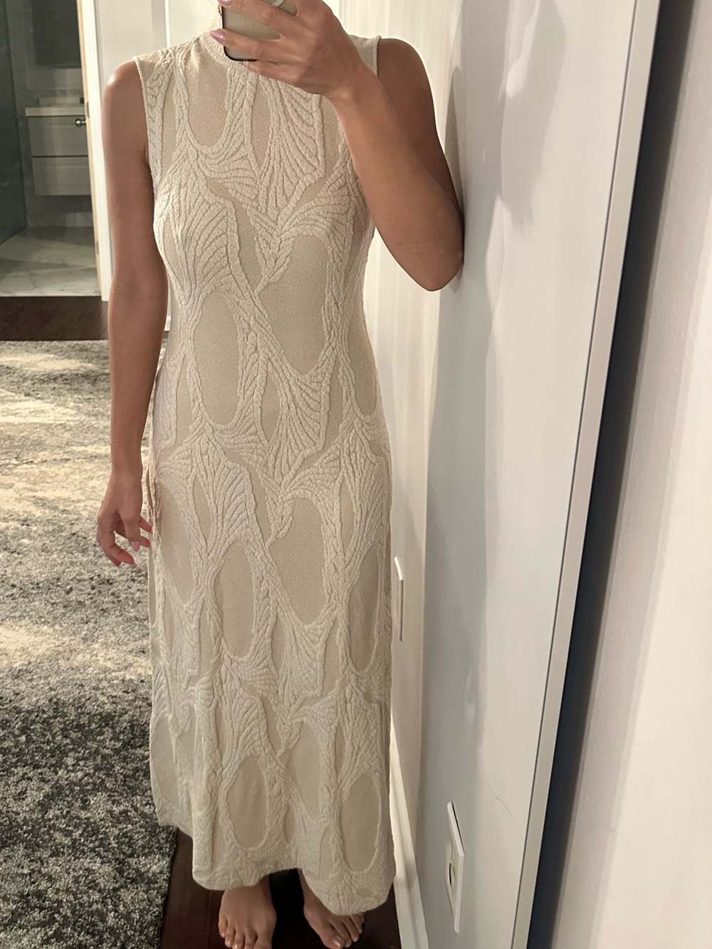 Zara Cream Sleeveless Maxi Dress with Textured Leaf Pattern